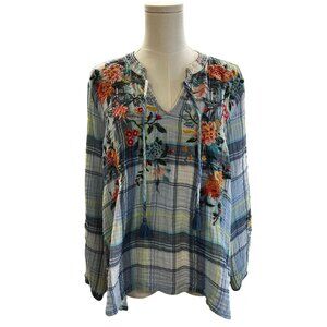 Johnny Was Norah Effortless Peasant Blue Plaid & Floral Embroidered Boho Style T